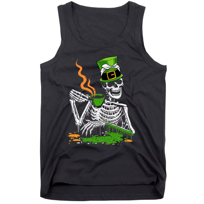 Irish Skeleton Drinking Coffee St Patricks Day Funny Bones Tank Top