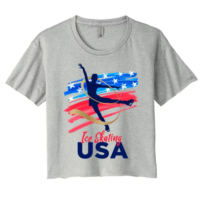 Ice Skating Dance Gift Support The Team Gift Funny Usa Flag Gift Women's Crop Top Tee