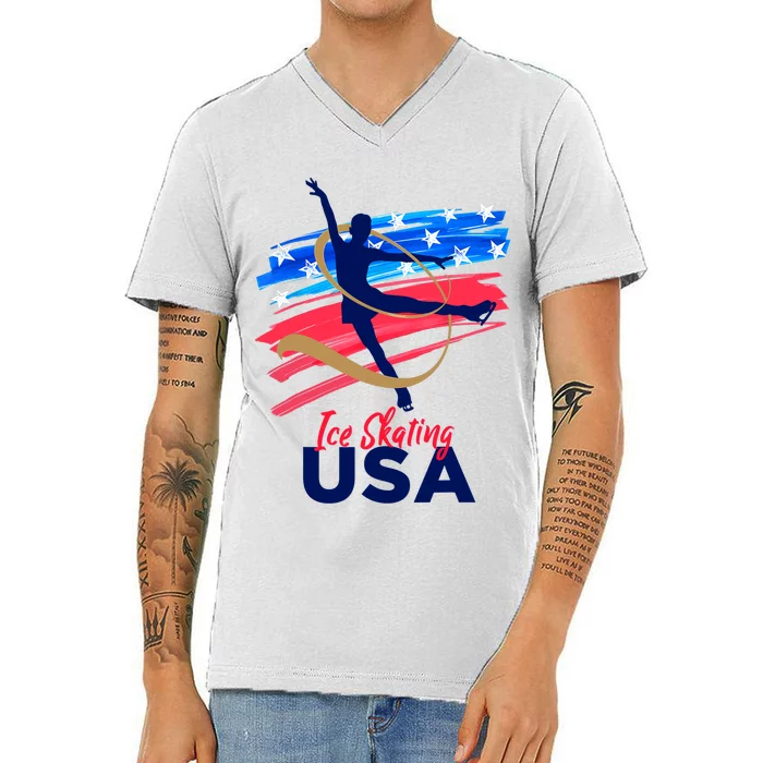 Ice Skating Dance Support The Team USA Flag V-Neck T-Shirt