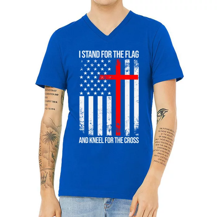 I Stand For The Flag And Kneel For The Cross Usa Flag Gift V-Neck T-Shirt