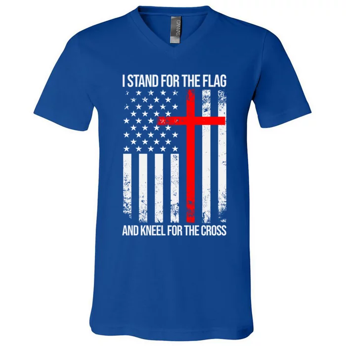 I Stand For The Flag And Kneel For The Cross Usa Flag Gift V-Neck T-Shirt