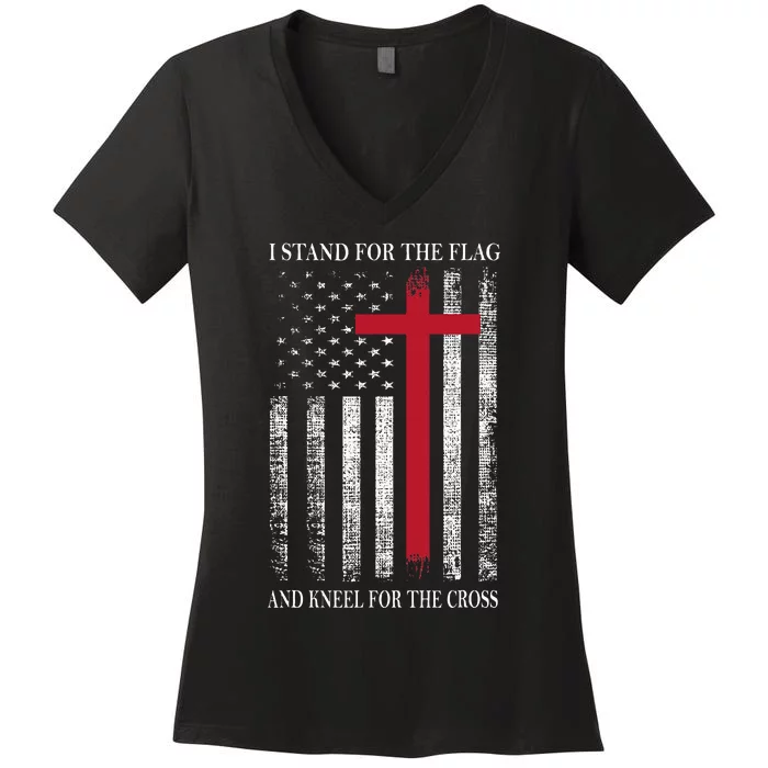 I Stand For The Flag And Kneel For The Cross USA Flag Women's V-Neck T-Shirt