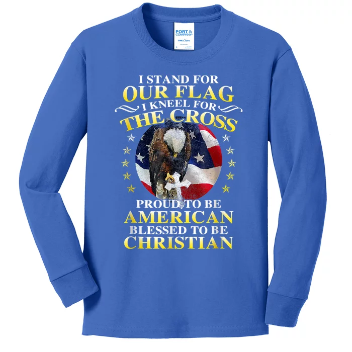 I Stand For Our Flag Kneel For The Cross Eagle 4th Of July Kids Long Sleeve Shirt