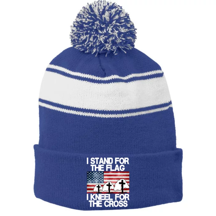 I Stand For The Flag I Kneel For The Cross Usa Patriotic Gift Stripe Pom Pom Beanie