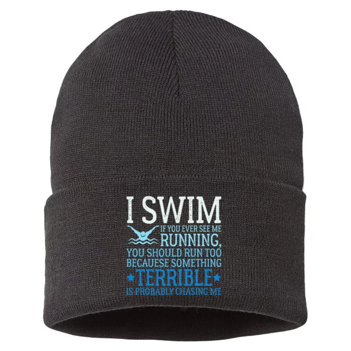 I Swim Funny Swimming Pool Quotes Swim Gifts Sustainable Knit Beanie