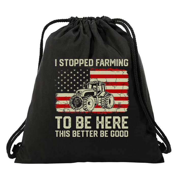 I Stopped Farming To Be Here Tractor Vintage American Flag Drawstring Bag