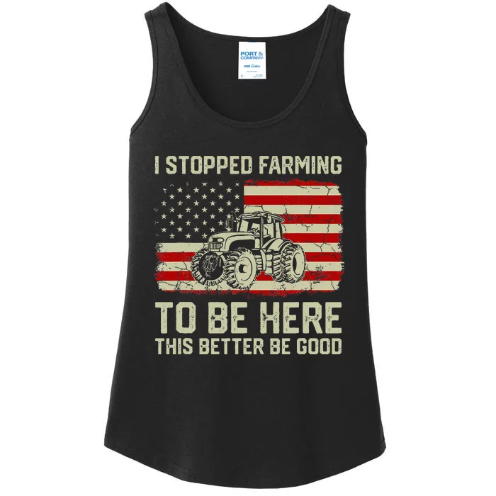 I Stopped Farming To Be Here Tractor Vintage American Flag Ladies Essential Tank