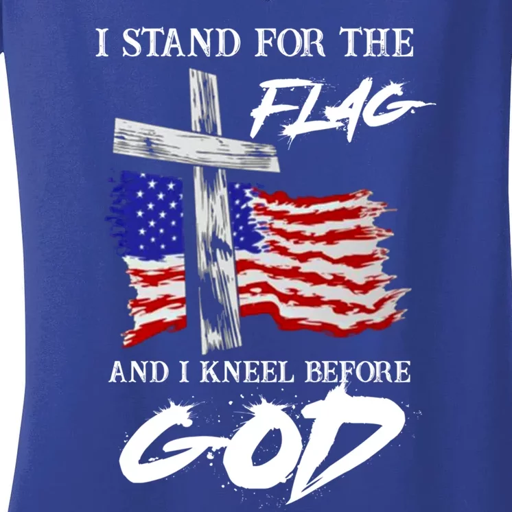 I Stand For The Flag And Kneel Before God America Flag Cross Gift Women's V-Neck T-Shirt