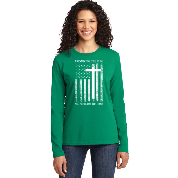 I Stand For The Flag And Kneel For The Cross Usa Flag Ladies Long Sleeve Shirt