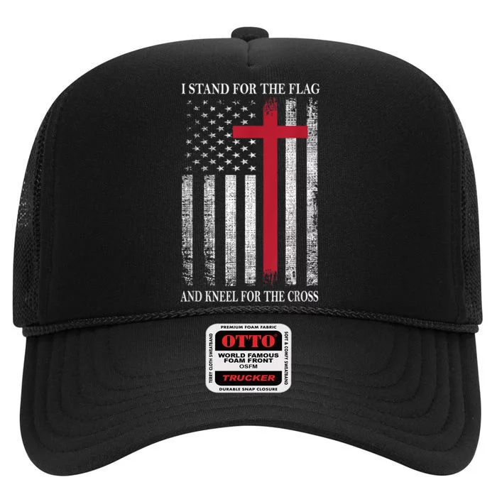 I Stand For The Flag And Kneel For The Cross Shirt Usa Flag High Crown Mesh Trucker Hat