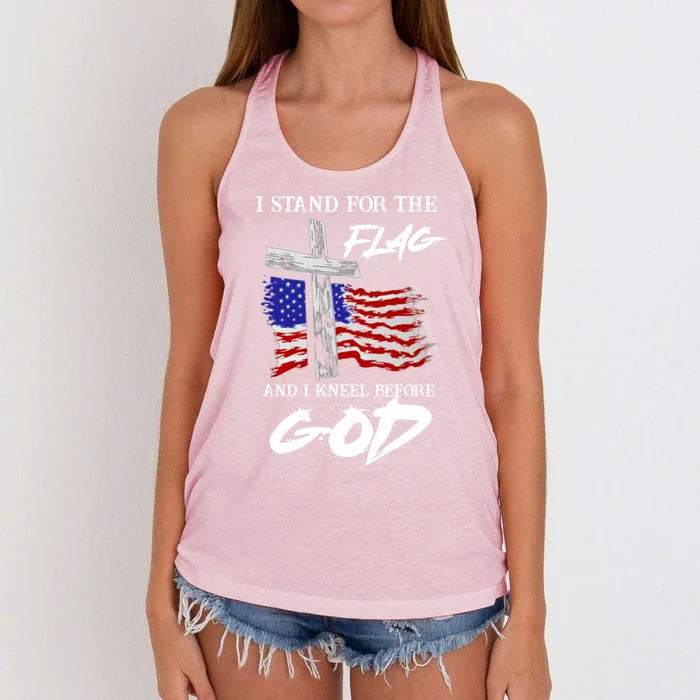 I Stand For The Flag And Kneel Before God America Flag Cross Meaningful Gift Women's Knotted Racerback Tank