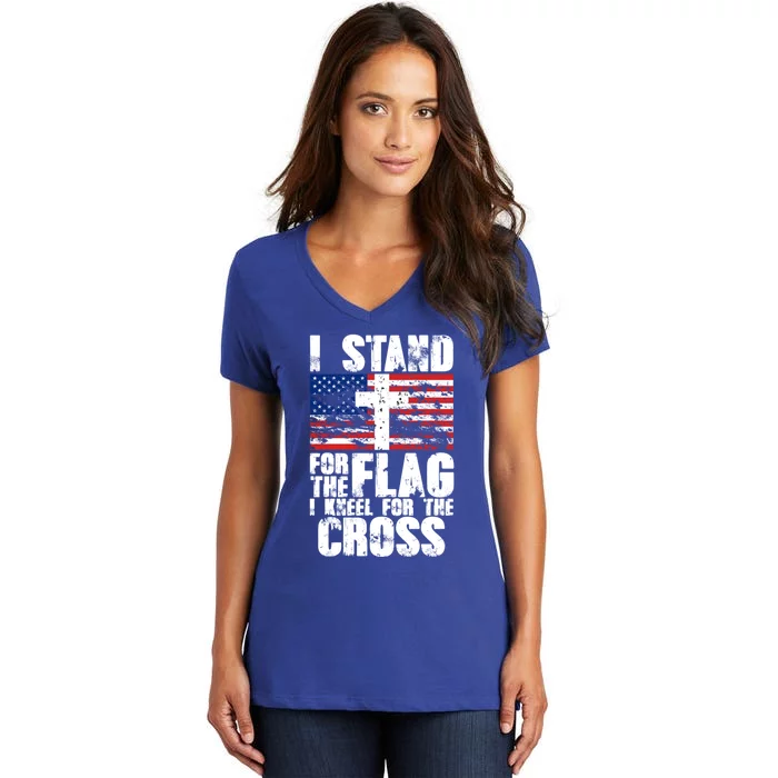 I Stand For The National Anthem Cross Us Flag Funny Gift Women's V-Neck T-Shirt