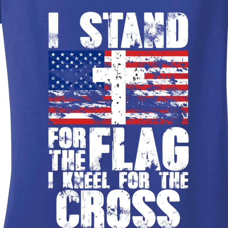 I Stand For The National Anthem Cross Us Flag Funny Gift Women's V-Neck T-Shirt