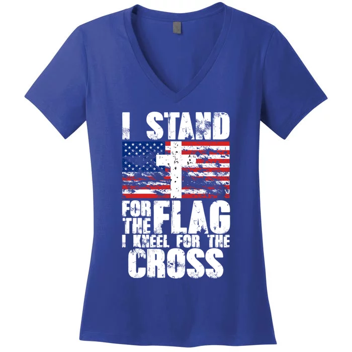 I Stand For The National Anthem Cross Us Flag Funny Gift Women's V-Neck T-Shirt