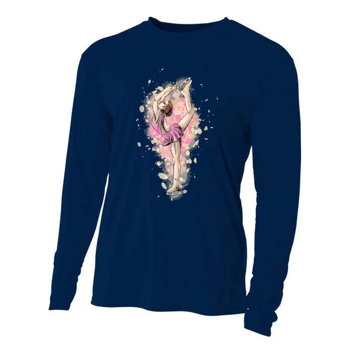 Ice Skating Girl Watercolor Cooling Performance Long Sleeve Crew