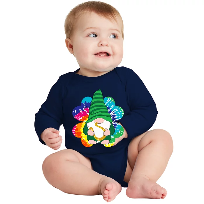 Irish Shamrock Gnome Tie Dye Hippie St. Patricks Day Baby Long Sleeve Bodysuit