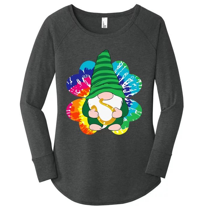 Irish Shamrock Gnome Tie Dye Hippie St. Patricks Day Women's Perfect Tri Tunic Long Sleeve Shirt