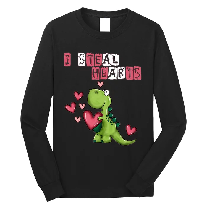 I Steal Hearts Trex Dino Baby Boy Valentines Day Long Sleeve Shirt