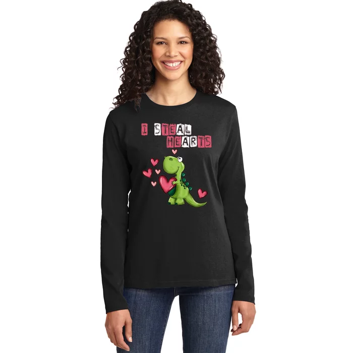 I Steal Hearts Trex Dino Baby Boy Valentines Day Ladies Long Sleeve Shirt