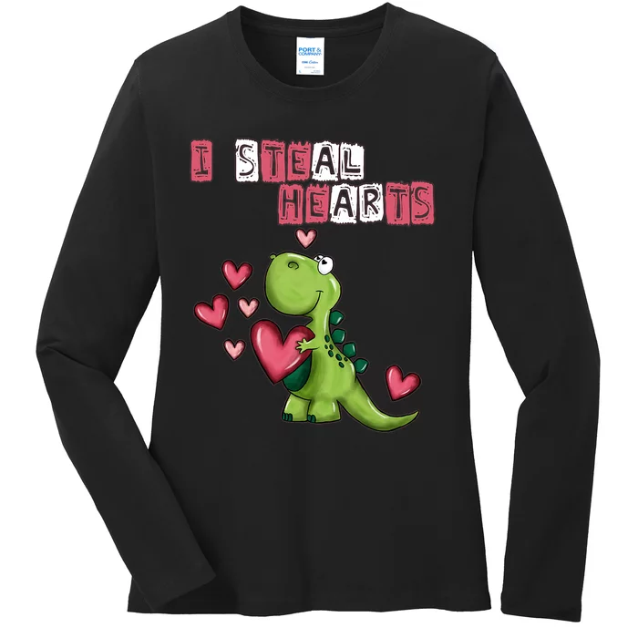 I Steal Hearts Trex Dino Baby Boy Valentines Day Ladies Long Sleeve Shirt