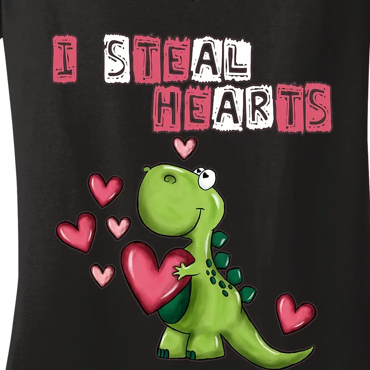 I Steal Hearts Trex Dino Baby Boy Valentines Day Women's V-Neck T-Shirt