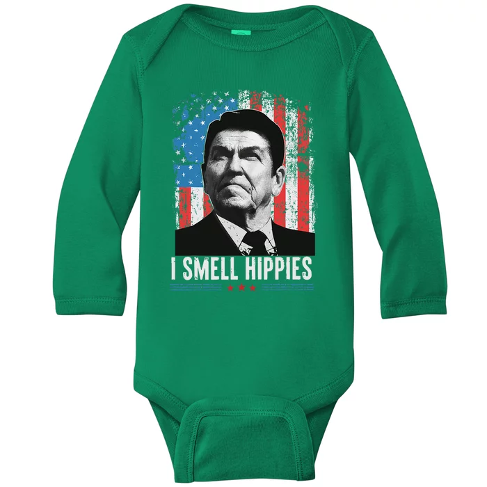 I Smell Hippies Retro American Flag Patriotic Baby Long Sleeve Bodysuit