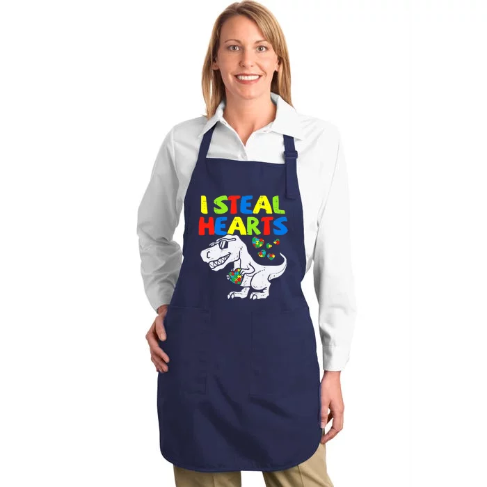 I Steal Hearts Trex Dinosaur Boy Autism Awareness Full-Length Apron With Pocket