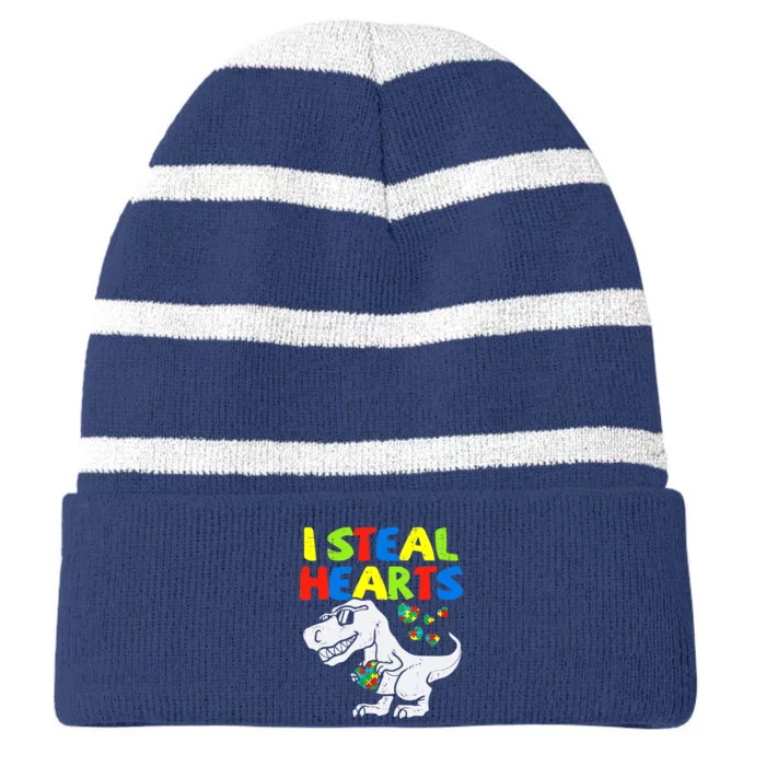 I Steal Hearts Trex Dinosaur Boy Autism Awareness Striped Beanie with Solid Band