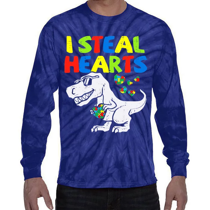 I Steal Hearts Trex Dinosaur Boy Autism Awareness Tie-Dye Long Sleeve Shirt