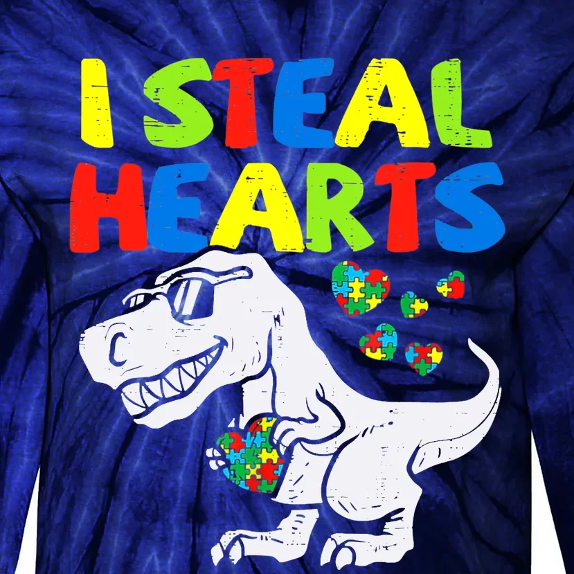 I Steal Hearts Trex Dinosaur Boy Autism Awareness Tie-Dye Long Sleeve Shirt