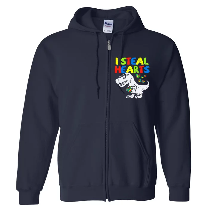 I Steal Hearts Trex Dinosaur Boy Autism Awareness Full Zip Hoodie