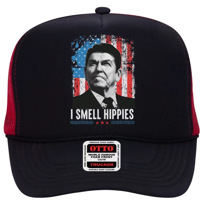 I Smell Hippies Retro American Flag Patriotic 4th Of July High Crown Mesh Trucker Hat