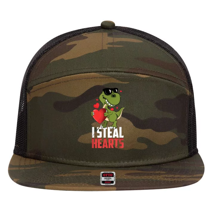 I Steal Hearts Cute Dinosaur Happy Valentines Day 7 Panel Mesh Trucker Snapback Hat