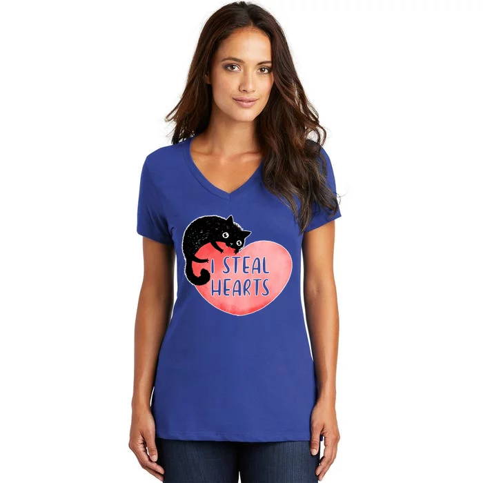 I Steal Hearts Cute Cat Valentin Quote Gift Women's V-Neck T-Shirt