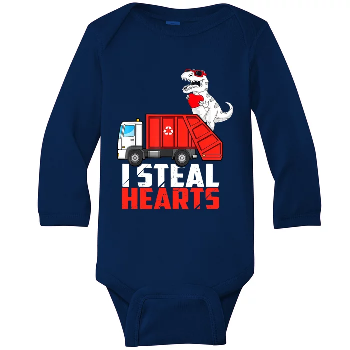 I Steal Heart Dinasour Riding Garbage Truck Cute Funny Funny Gift Baby Long Sleeve Bodysuit