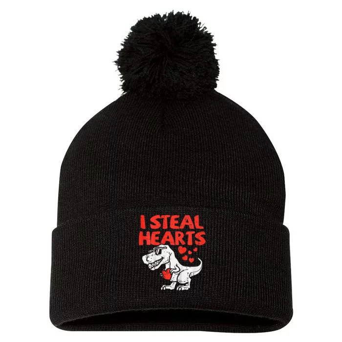 I Steal Hearts Trex Dino Baby Valentines Day Pom Pom 12in Knit Beanie