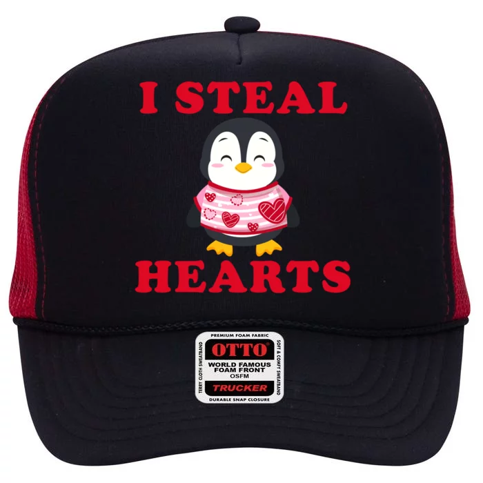 I Steal Hearts Funny Valentines Day Penguin Cool Cute Gift High Crown Mesh Trucker Hat