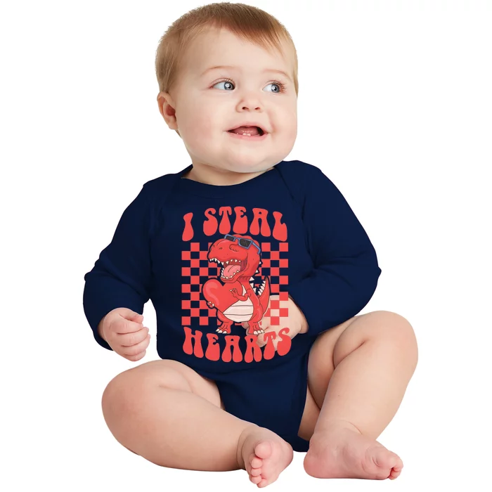 I Steal Hearts Dinosaur Valentines Baby Long Sleeve Bodysuit