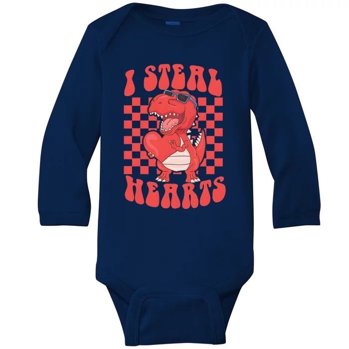 I Steal Hearts Dinosaur Valentines Baby Long Sleeve Bodysuit