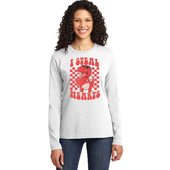 I Steal Hearts Dinosaur Valentines Ladies Long Sleeve Shirt