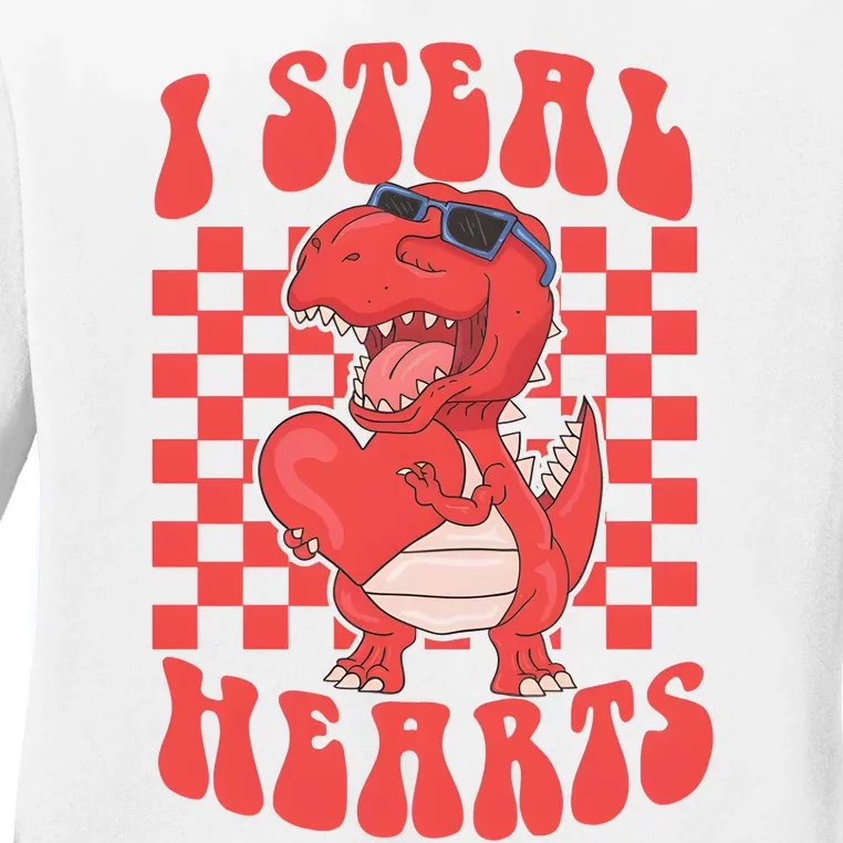 I Steal Hearts Dinosaur Valentines Ladies Long Sleeve Shirt