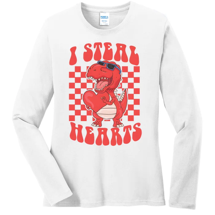 I Steal Hearts Dinosaur Valentines Ladies Long Sleeve Shirt