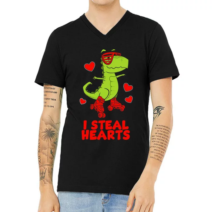 I Steal Hearts Dinosaur Valentines Day V-Neck T-Shirt