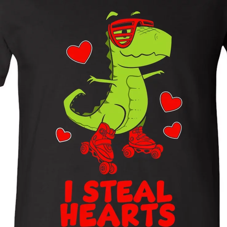 I Steal Hearts Dinosaur Valentines Day V-Neck T-Shirt