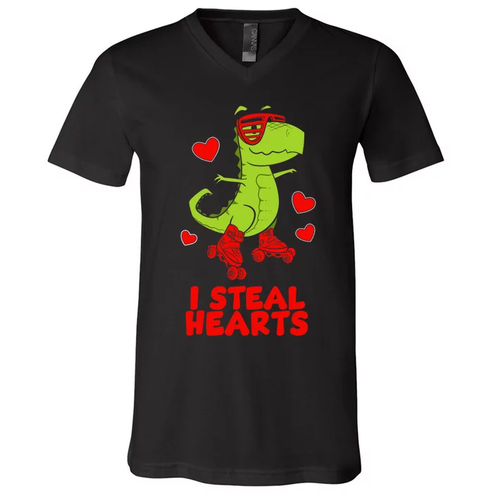 I Steal Hearts Dinosaur Valentines Day V-Neck T-Shirt