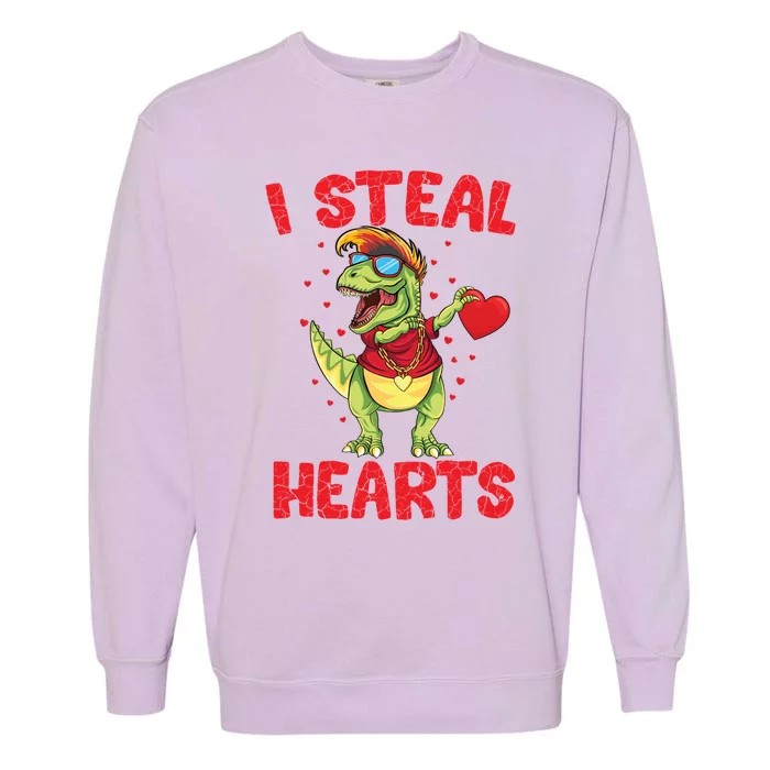 I Steal Hearts Cool Dinosaur Dabbing T Rex Valentines Day Gift Garment-Dyed Sweatshirt