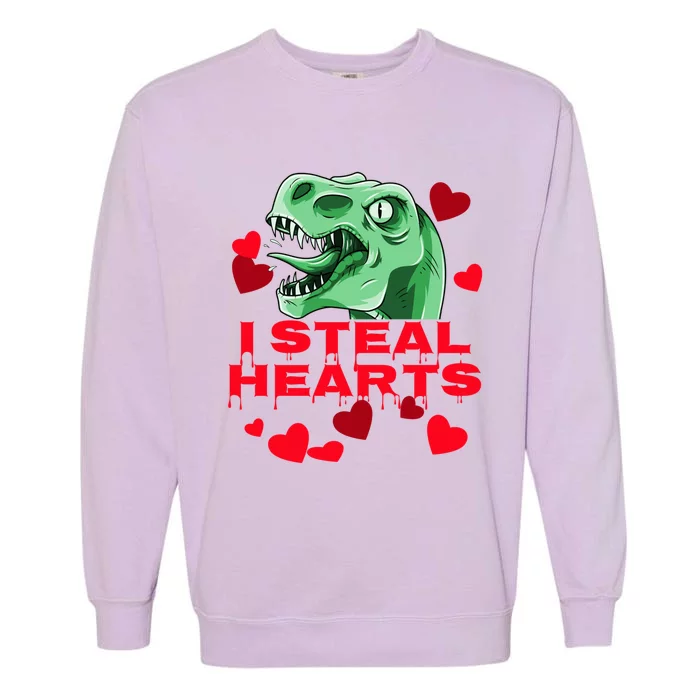 I Steal Hearts Scary Dinosaur Cute Funny Valentine's Day Gift Garment-Dyed Sweatshirt