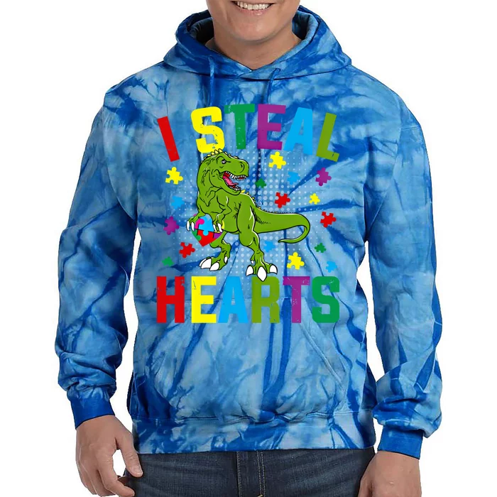 I Steal Hearts T Rex Dinosaur Autism Awareness Meaningful Gift Tie Dye Hoodie