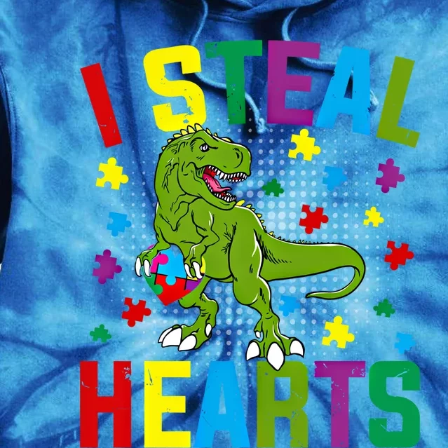 I Steal Hearts T Rex Dinosaur Autism Awareness Meaningful Gift Tie Dye Hoodie