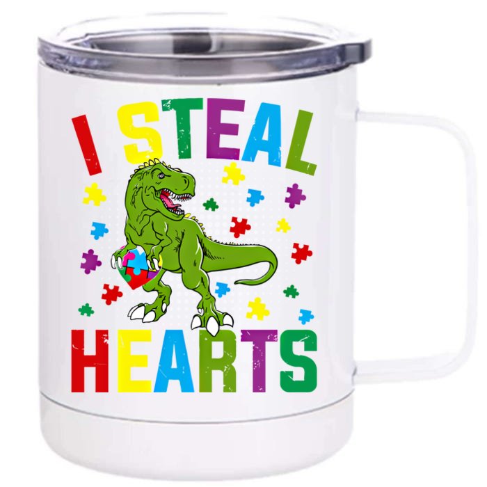 I Steal Hearts T Rex Dinosaur Autism Awareness Meaningful Gift Front & Back 12oz Stainless Steel Tumbler Cup